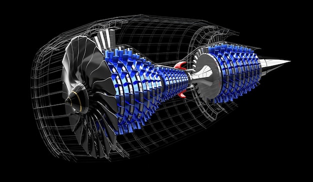 Foto motore a reazione all'interno su sfondo nero 3d'illustrazione