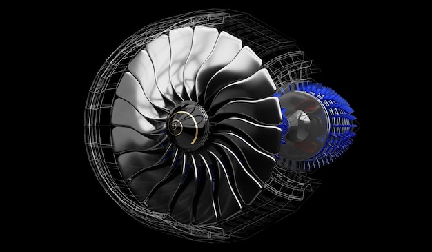 Jet engine inside on black background 3D illustration