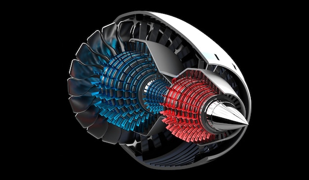 Jet engine inside on black background 3D illustration