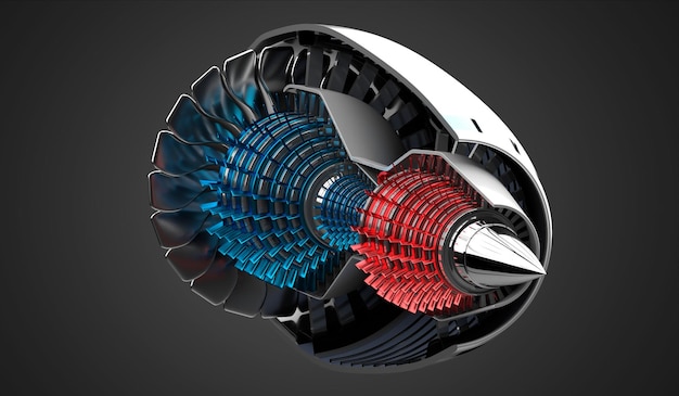 Jet engine inside on grey background 3D illustration