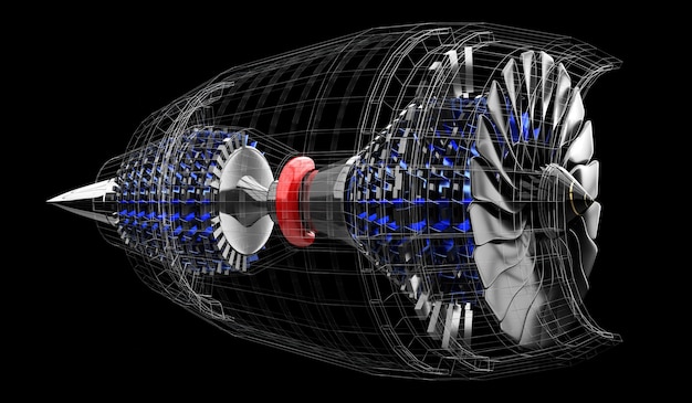 사진 검은 바탕에 있는 제트 엔진의 내부 3d 일러스트레이션