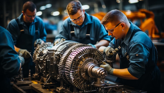 Jet engine is maintained by the team of professionals in the Air force base Uniformed men in protective goggles stand near the big engine Generative AI