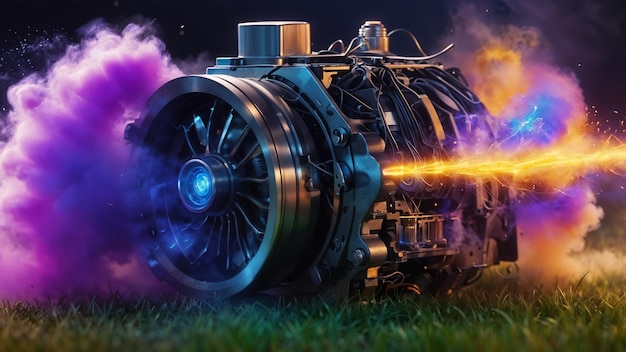 Photo a jet engine with purple smoke coming out of it