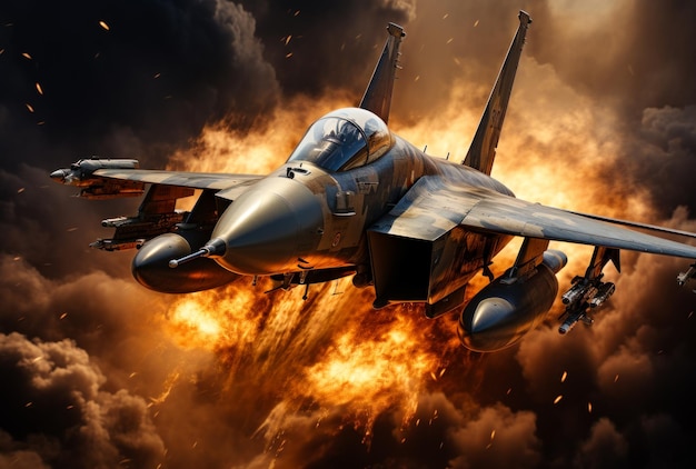 Jet fighter flying in the sky Military plane at the backdrop of burning fire explosion Wartime aviation Generative AI