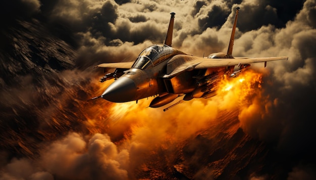 重い雲の中を飛行するジェット戦闘機 航空機の下の戦場での火災 生成 AI