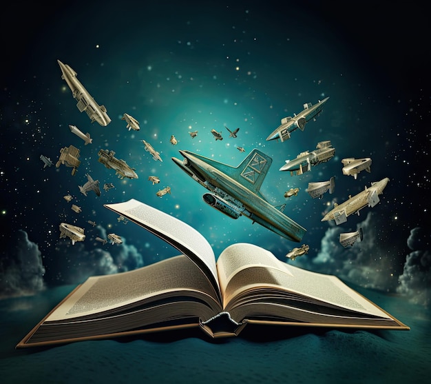 A jet flying out of an open book