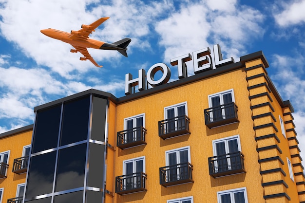 Jet Passengers Airplane fly over Modern Orange Hotel Building on a blue sky background. 3d Rendering