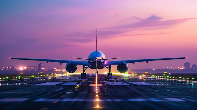 Photo a jet plane is taking off from the runway at sunset the sky is a deep pink color and the runway lights are reflecting on the planes fuselage