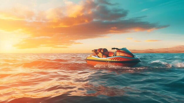 jet ski mock up on the sea with wave at sunrise