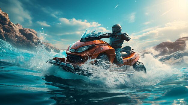 Foto simulazione di jet ski sul mare con l'onda all'alba