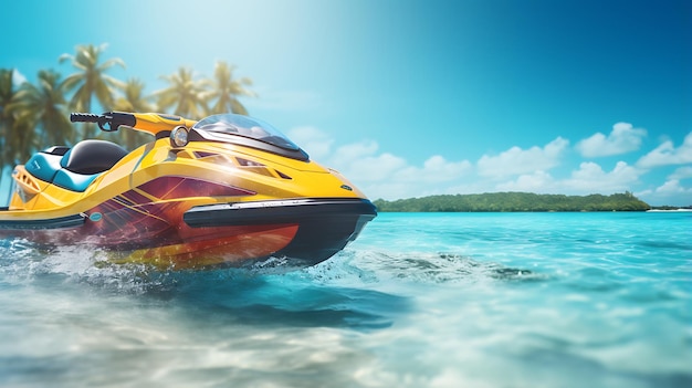 jet ski mock up on the sea with wave at sunrise