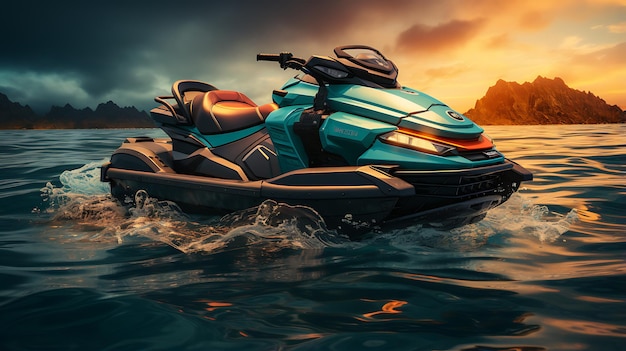 Foto simulazione di jet ski sul mare con l'onda all'alba