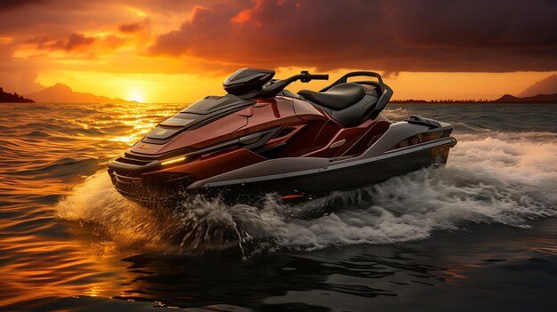 Photo jet ski mock up on the sea with wave at sunrise