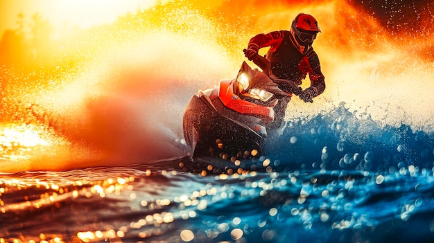 Foto jet ski rider racing bij sunsetxa