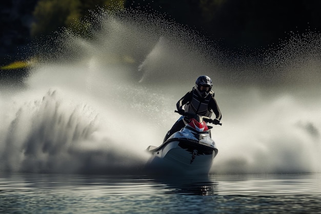 Foto jet skier in azione con spruzzo d'acqua dietro