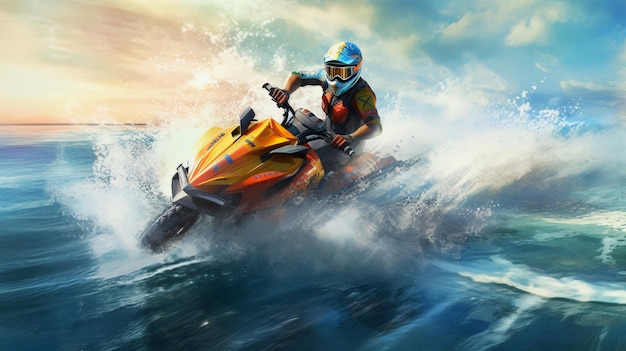 A jet skier racing across the waves