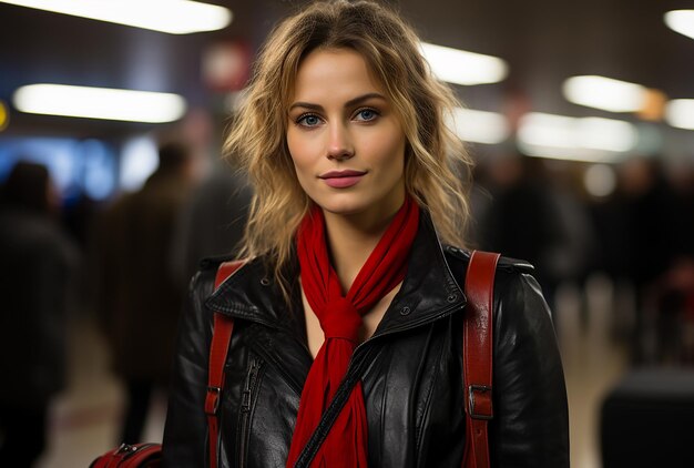 Photo jetsetters arrival woman with red luggage tag at the airport