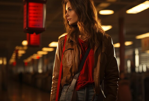 Photo jetsetters arrival woman with red luggage tag at the airport