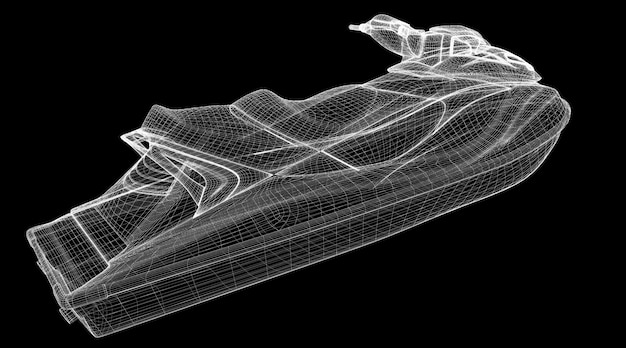 Jetski geïsoleerd vooraanzicht, carrosseriestructuur, draadmodel