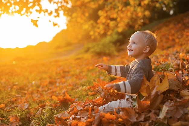 Jeugdherinneringen kind herfstbladeren achtergrond warme momenten van de herfst peuter jongen blauwe ogen genieten