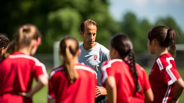 Jeugdvoetbalcoach geeft instructies aan spelers tijdens de training