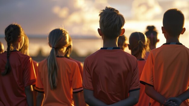 Jeugdvoetbalspelers staan samen