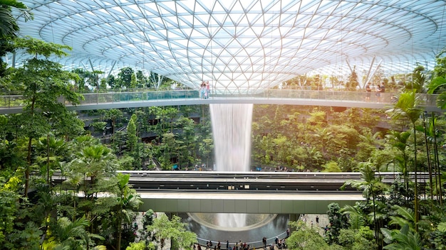 Купол с искусственным водопадом в аэропорту Jewel Changi с растениями