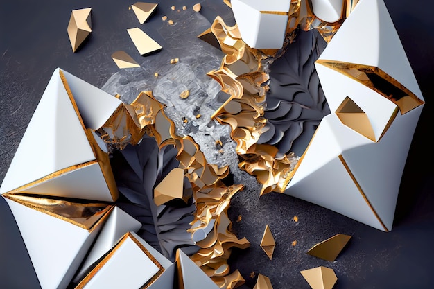 Jewelry background 3d pieces of broken marble and gold Generative AI