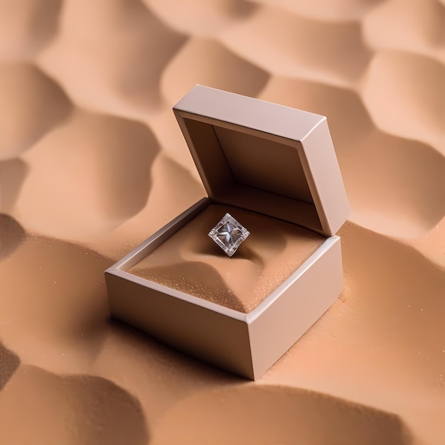 Jewelry box with diamond on beach sand