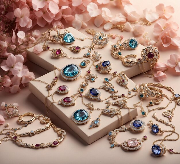 Jewelry box with gems and jewelry on a beige background