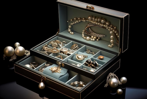 하 금과 은의 반지, 귀걸이, 진주로 된 목걸이가 있는 보석 상자