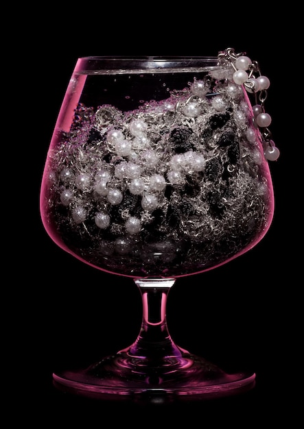 Jewelry cocktail glass full of various jewelry on black background