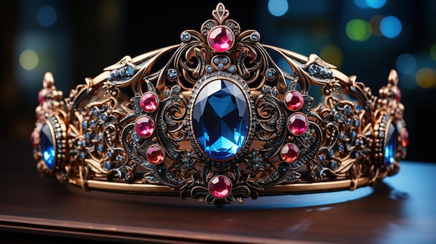 Photo jewelry crown with blue gems on the table closeup