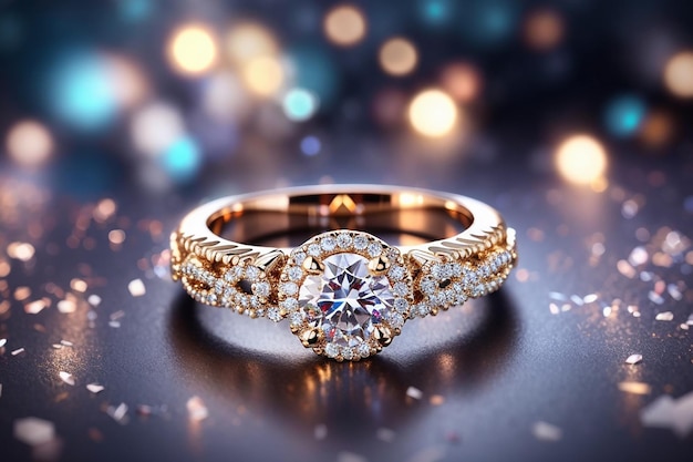 抽象的な祝祭のグリッターのクリスマス休日の質感の背景を持つジュエリーのダイヤモンドリング