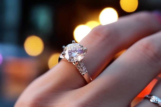 Jewelry diamond ring on a woman hand closeup with ai generated