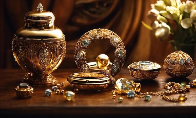 ジュエリー ダイヤモンドの指輪を木製のテーブルに ボケの背景で アイジェネティブ