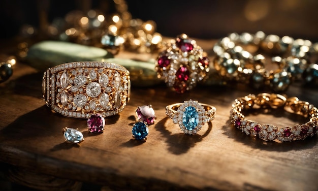ювелирное бриллиантовое кольцо на деревянном столе с фоном боке