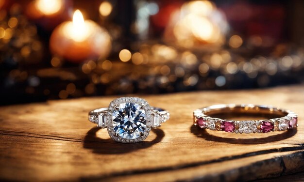 jewelry diamond ring on wooden table with bokeh background ai generative