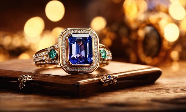 jewelry diamond ring on wooden table with bokeh background ai generative