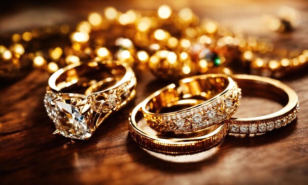 jewelry diamond ring on wooden table with bokeh background ai generative