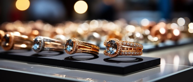 Jewelry diamond rings and necklaces show in luxury retail store window display