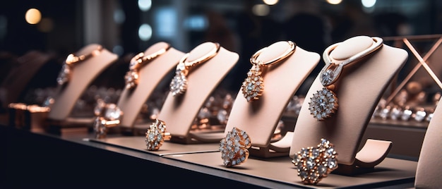 宝石のダイヤモンドのリングとネックレスが豪華な部屋で展示されています
