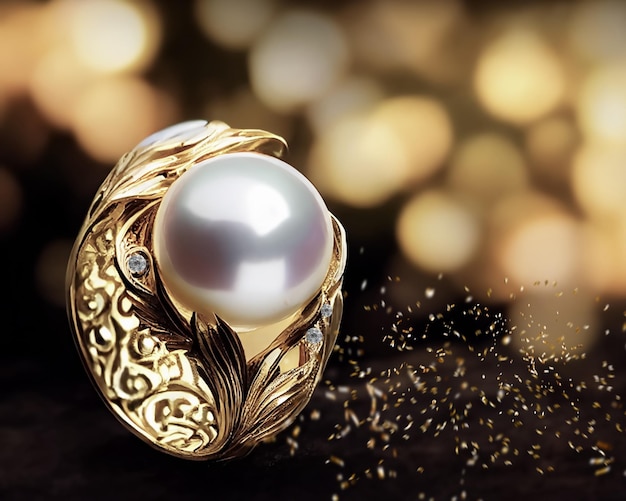 jewelry gold ring with white pearl and small citrin woman