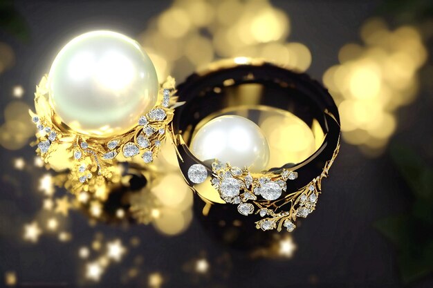 화이트 진주와 다이아몬드 여성 액세서리가 있는 보석 골드 반지