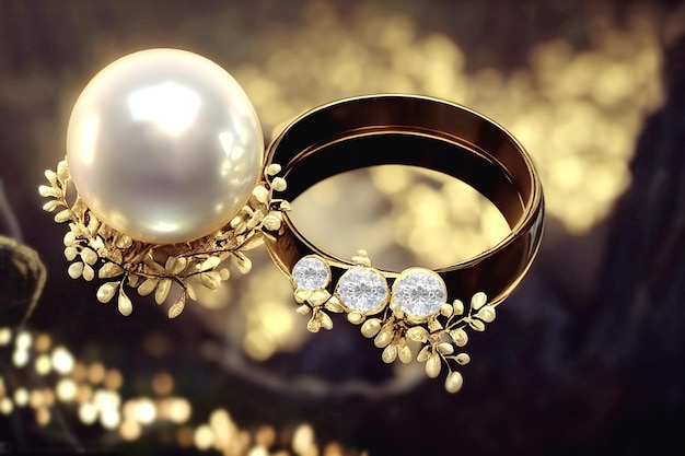화이트 진주와 다이아몬드 여성 액세서리가 있는 보석 골드 반지