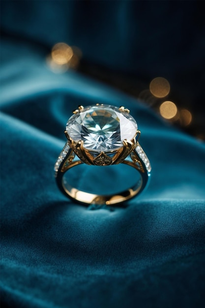 Jewelry ring on blue satin background with bokeh