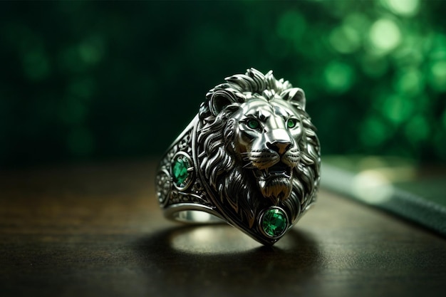 Jewelry ring with green emerald and lion on wooden background