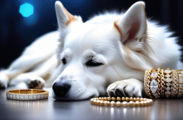 ювелирный салон золотые и серебряные украшения с драгоценными камнями ювелирные украшения рекламные домашние животные в рекламе спящие домашние белые собаки рекламные роскошные тенденции