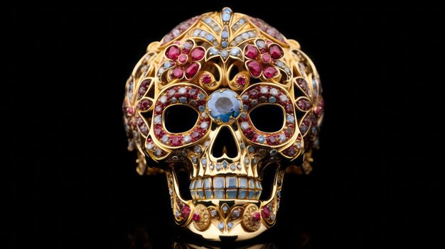 Jewelry skull made of gold rubies diamonds and topazes on black background