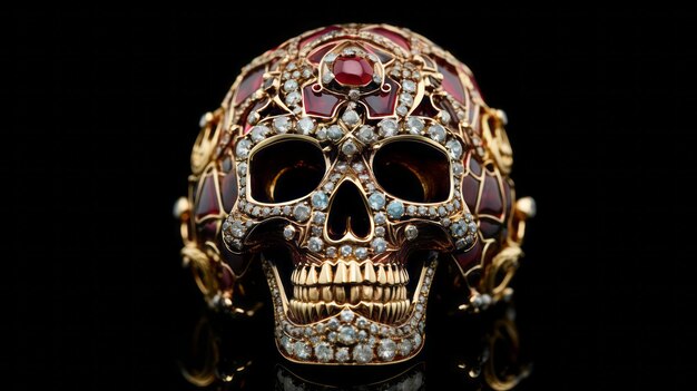 Jewelry skull made of gold rubies diamonds and topazes on black background